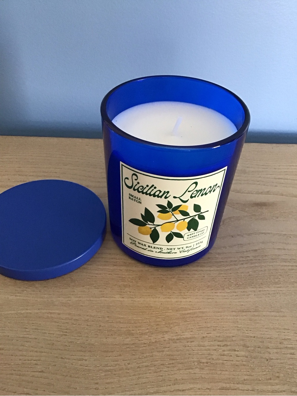 New Sicilian Lemon Scented Candle in Blue Glass Jar